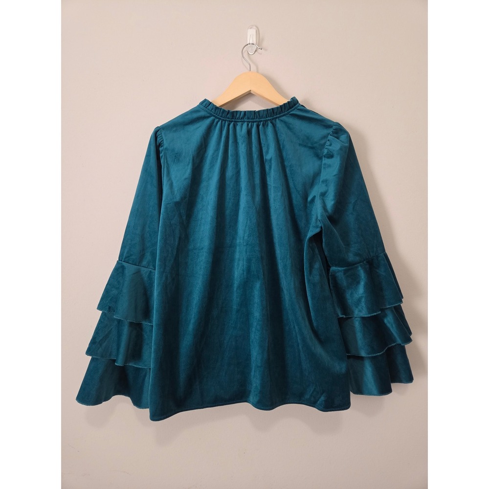 Cato Teal Velvet Ruffle Tiered Bell Sleeve Blouse Tassel Tie V-Neck Top Large - Picture 5 of 7
